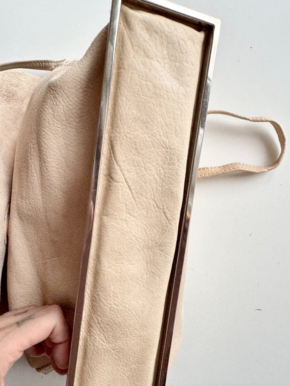 ZARA Beige Genuine Leather Foldover Flap Metal Frame Crossbody Bag Purse - Picture 8 of 15